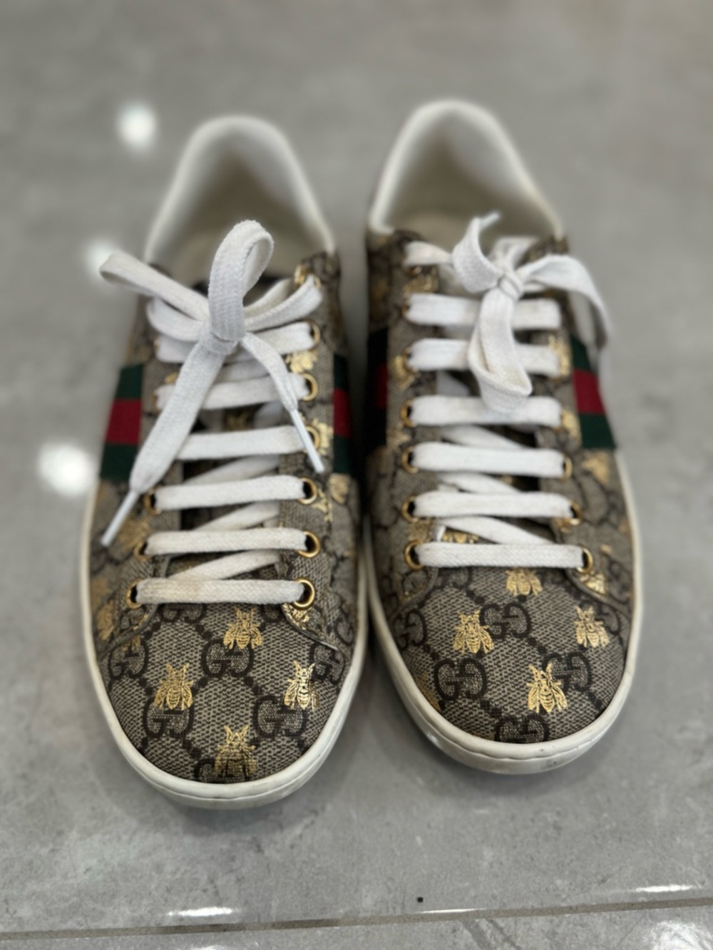 Gucci GG Bee Beige Brown Sneakers with Green Red Web Authentic